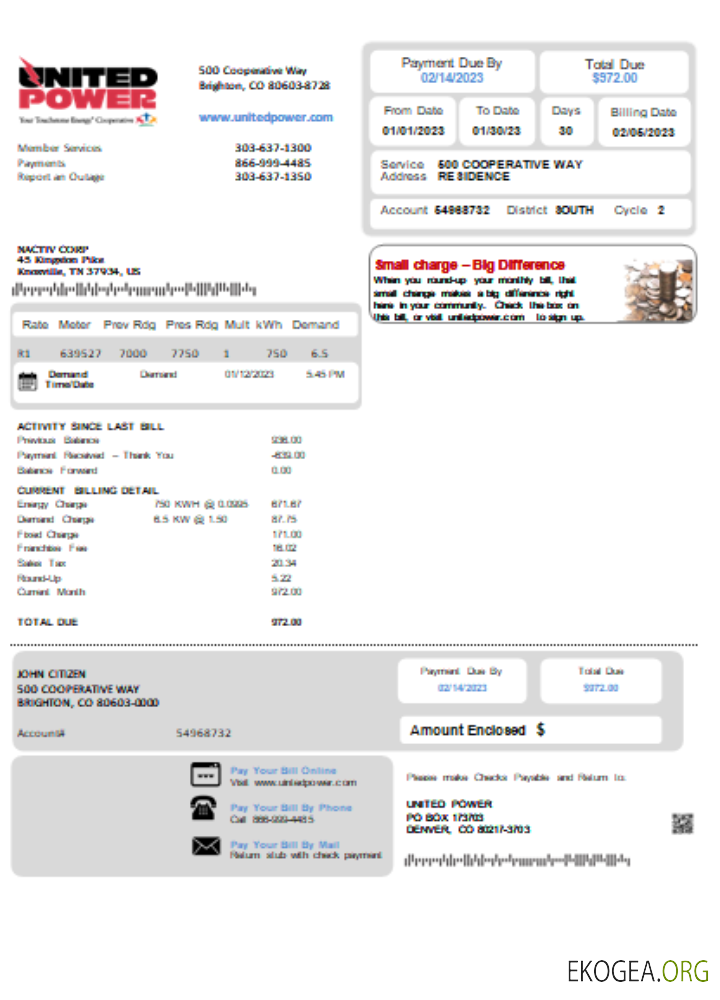 Facture commerciale du service public de Colorado United Power SCR